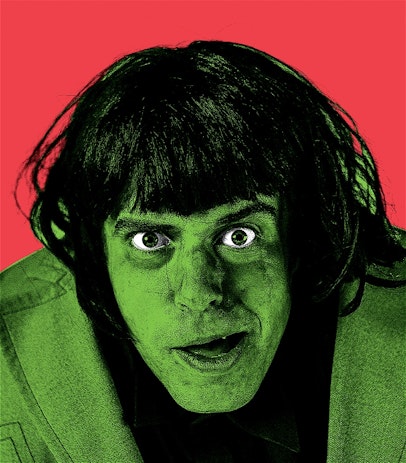 A close up image of a man with a messy black bob and a green suit covering his oversized shoulders. He has wide eyes in an expression of quizzical interest and an open slanted, cheeky grin. The image is edited so that his skin and clothing is green, the background red and his eyes are bright white.