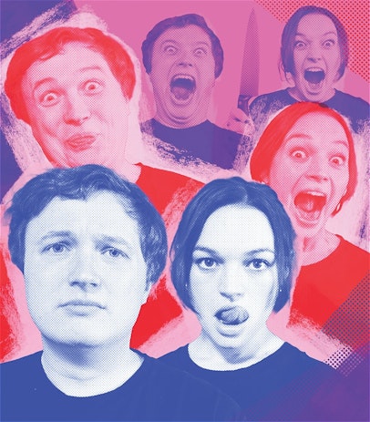 Two actors with their faces repeated three times changing in expression as they fade up the image. Splashes of reds, pinks, blues and purples.