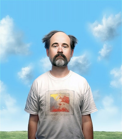 A painted image of confused Stuart Daulman standing in a field surrounded by clouds in the sky