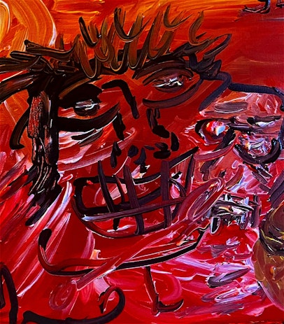 A crude acrylic painting, predominantly red and black, of a large face gripping a smaller figure by the head. The brushstrokes are thick and intense, the faces themselves almost indiscernible due to their frenzied composition. The larger figure appears to be jamming an abstract shape, vaguely reminiscent of a spoon, into the other figure's mouth