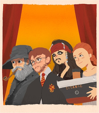 A cartoon image of four people in costumes from famous films in front of red curtains. From left to right the characters are Gandalf the Grey, Harry Potter, Jack Sparrow and the Titanic.