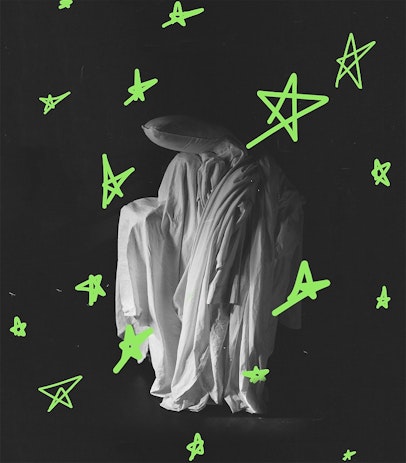 A black and white image of a ghost made of bedsheets with a pillow for a head stands with arms drooping. It is surrounded by many little hand drawn green stars.