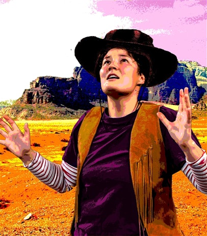 An actor from 'All The Fraudulent horse Girls' photoshopped into the Mexican dessert with a pink sky. She wears a brown vest over a purple t-shirts over a long sleved striped t-shirt and a cowboy hat. The image looks like an old magazine cover and the actor looks at the sky in wonder