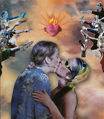 An image of two drag kings, Dazza and Keif kissing and holding each other. Keif is centre left with his eyes closed and is wearing a patterned shirt. Keif has light brown hair, some stubble and a moustache. Dazza is centre right wearing two pairs of sunglasses, one over his eyes and the other above his brow. Dazza has fluorescent yellow hair and a southern cross tattoo on his neck. 

Above them is a flaming heart that reads, 