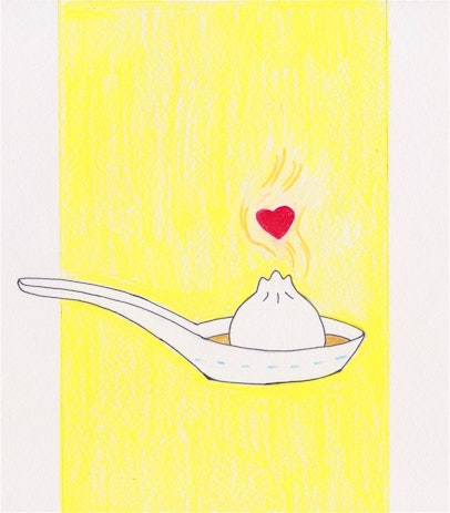 A dumpling in a spoon on a bright yellow background. A red heart above the dumpling.