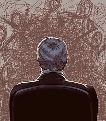 The cartoon back of a man with silver hair, wearing a suit and sitting in an office chair. The background is made up of pencil scribbles which form the scene of a meeting table with other figures around it.