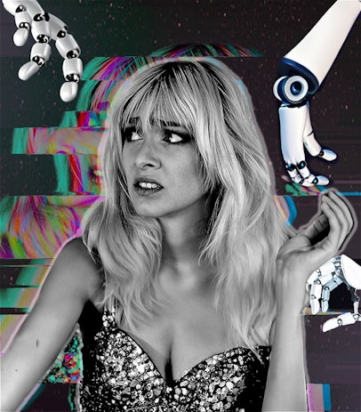 Blonde woman photographed in black and white sitting looking to her right worriedly. There is a glitch of her in the background and robot hands reaching down to her.