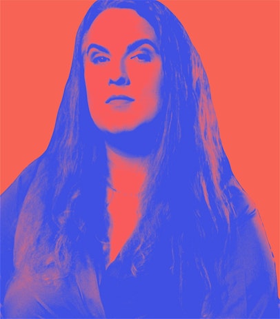 An image of Anna Piper Scott, a woman with long hair staring at the camera with a slight grin. The image has been edited so it is highly contrasted red and blue.