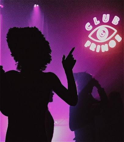 A sillohette of a person stands in front of a neon sign that is pink and purple and says CLUB FRINGE. The person's silhouette has a fuzzy hat and a sharp nail pointing up.