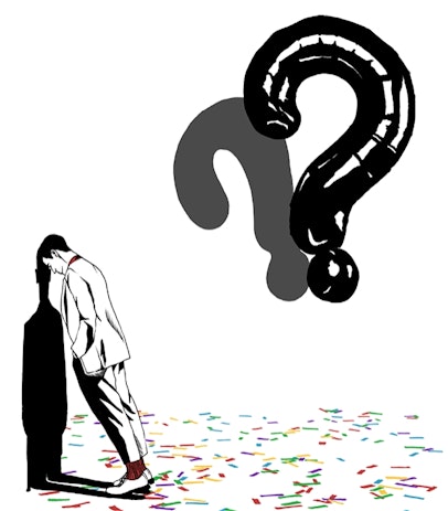 A person in a suit does a handstand next to a big balloon in the shape of a question mark. The image is in black and white.